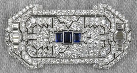 Art Deco Platinum, Sapphire, and Diamond Plaque Brooch, Marcus & Co.
