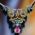 Van Cleef & Arpels Peacock Décor necklace, from the Bals de Légende collection, with a 27.75-carat pear-shaped morganite, diamonds, turquoise, multicolour sapphires, and mandarin and tsavorite garnets set in 18-karat white and yellow gold.