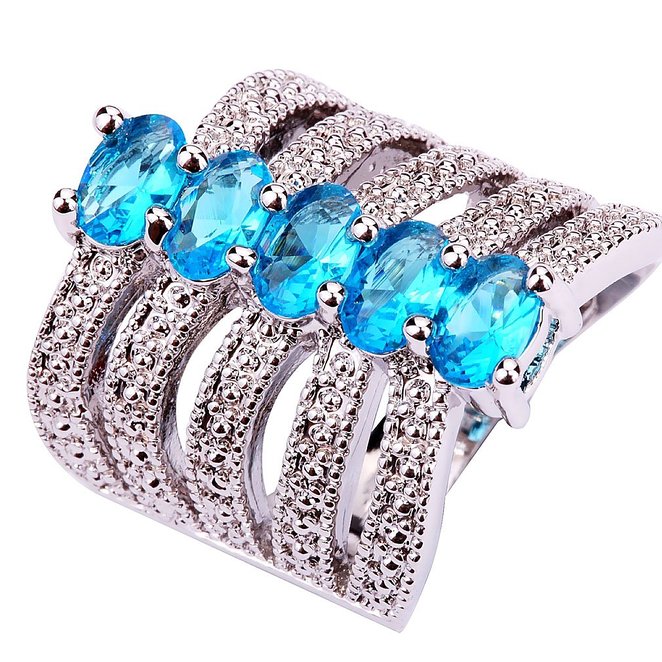Silver Plated Blue Crystal Rhinestone Wedding Engagement Ring Size