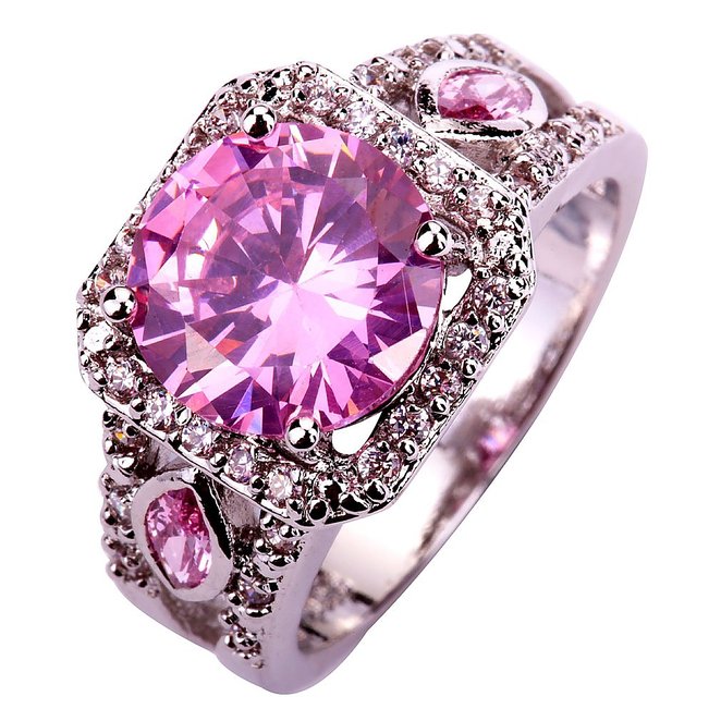 Silver Plated Pink Rhinestone Wedding Band Crystal Ring_