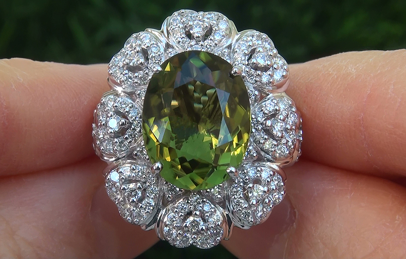 GIA 9.39 ct VVS1 Natural Chrome Green Tourmaline Diamond 18k White Gold Ring GEM PRIME Investment Grade Exotic VIVID Color Gem 
