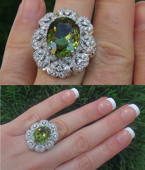 GIA 9.39 ct VVS1 Natural Chrome Green Tourmaline Diamond 18k White Gold Ring