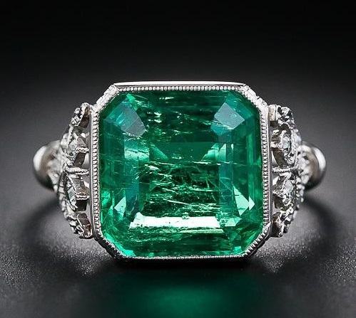 5.31 Carat Emerald and Edwardian Diamond Ring