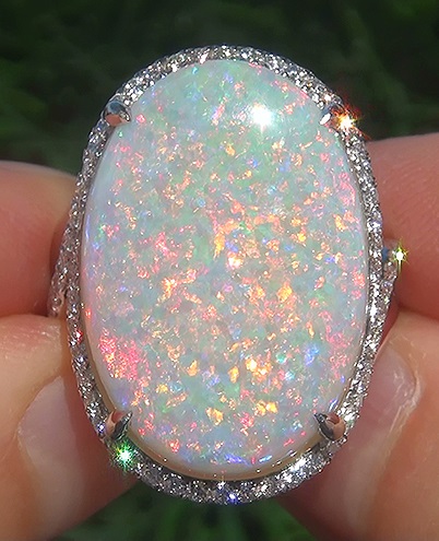 GIA 15.23 ct Natural Australian Opal Diamond 18k White Gold Estate Cocktail Ring