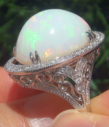 GIA 20.26 ct Natural Ethiopian Opal Diamond 14k White Gold Estate Cocktail Ring