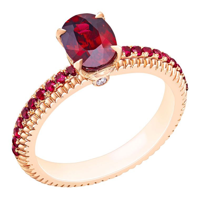 This Fabergé engagement ring features rubies in a delicate, fluted setting with matching pavé gems (£7,330)