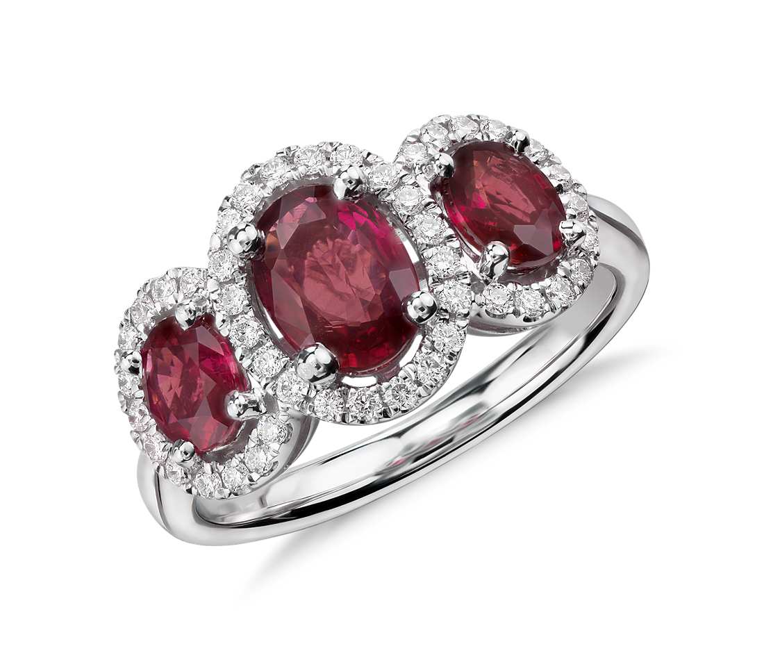 3-Stone Oval Ruby and Diamond Ring in 18k White Gold (7x5mm)