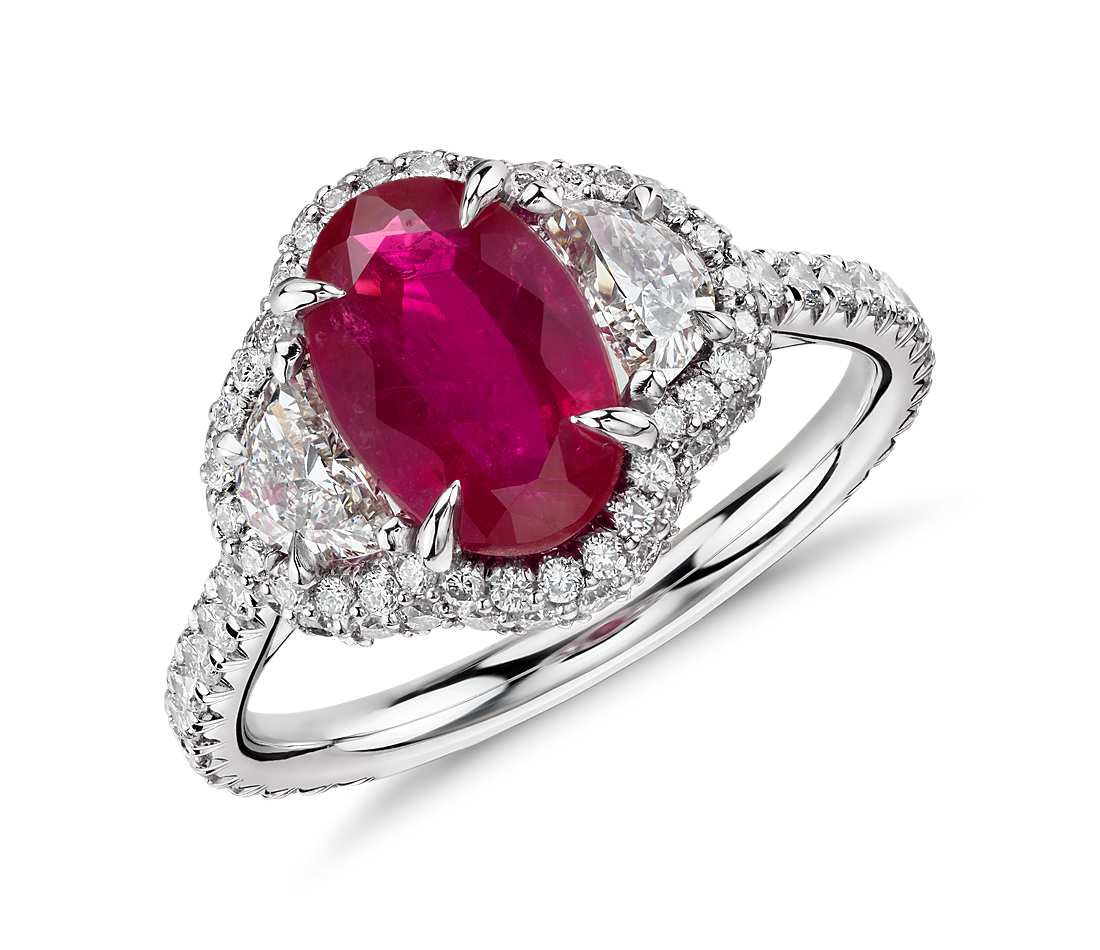 Ruby and Half-Moon Diamond Halo Ring in Platinum and 18k Yellow Gold (2.24 ct)