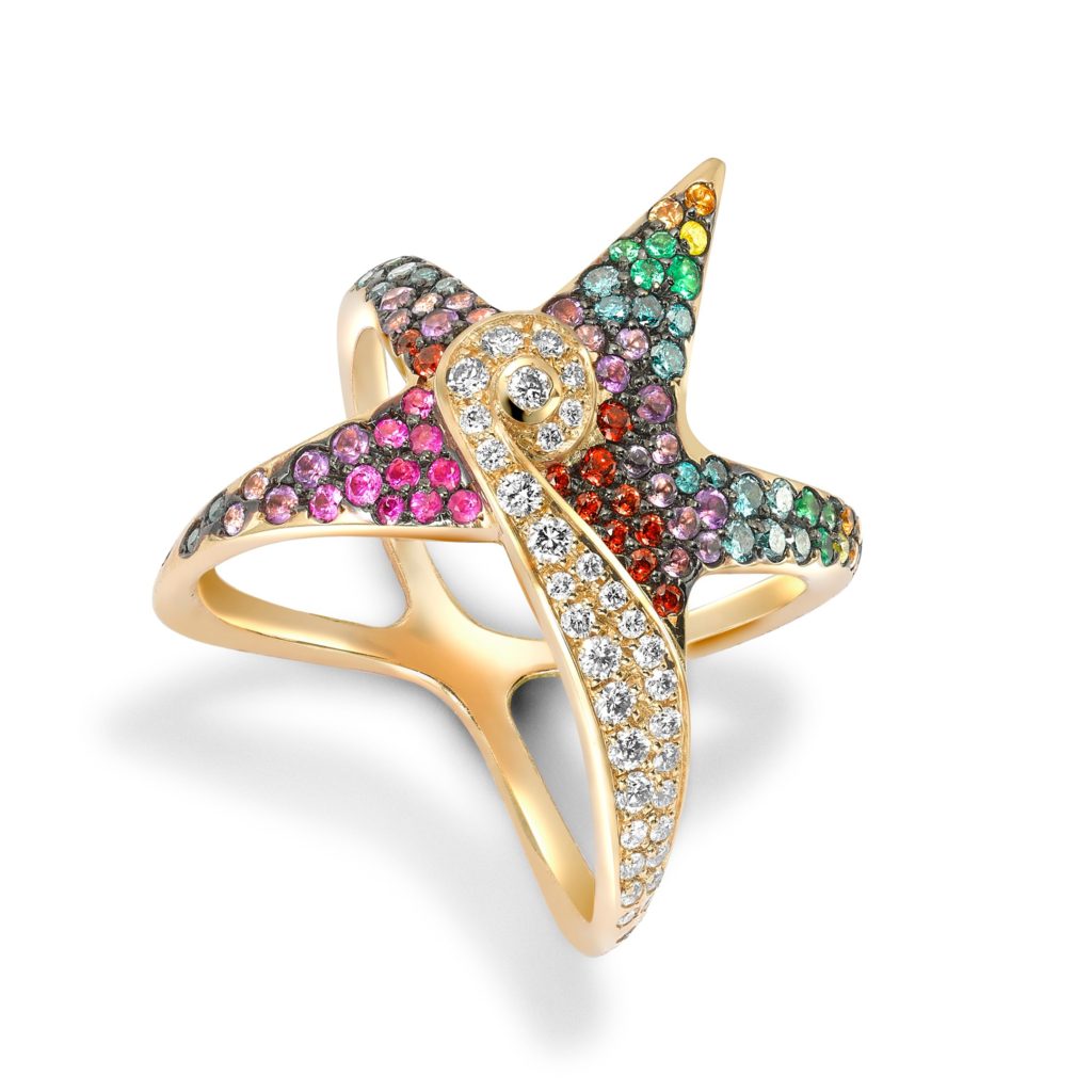 The Starfish ring from the Oseanyx collection by Greek jewellery brand Venyx World is set with white and blue diamonds as well as garnets, amethysts, pink and yellow sapphires and emeralds.
