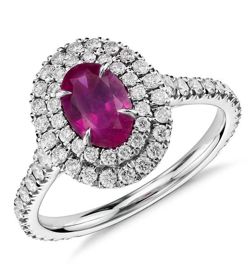 Ruby and Diamond Double Halo Ring in 18k White Gold (0.98 ct center)