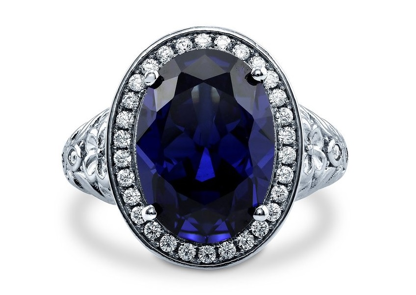 Sterling Silver Oval Simulated Blue Sapphire Cubic Zirconia CZ Halo Art Deco Cocktail Ring