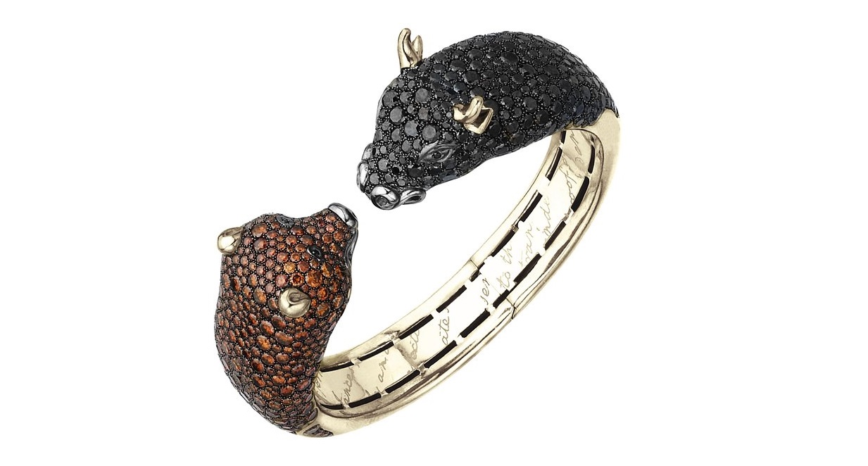 The Stunning Wall Street Bull and Bear Cuff Bracelet in 18K Gold with Cognac & Black Diamonds