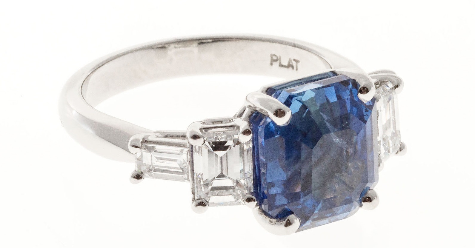 Natural Emerald Cut Sapphire Diamond Engagement Ring Platinum