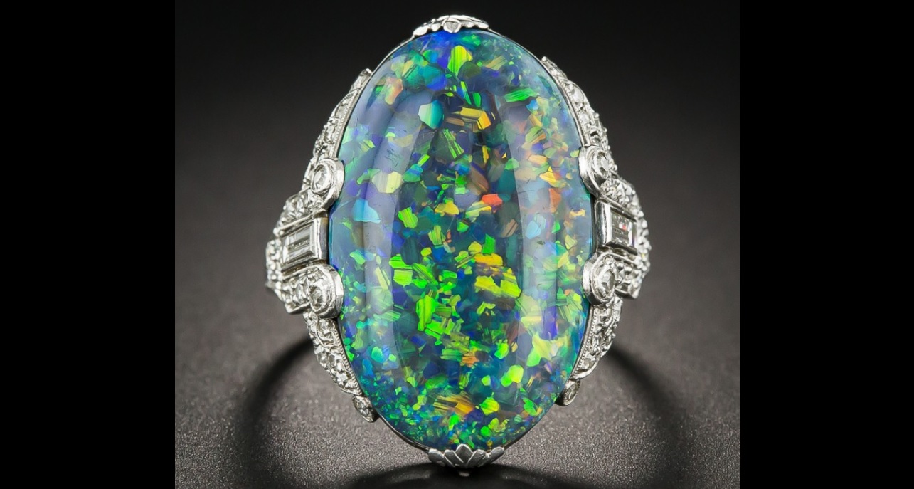 Black Opal and Platinum Diamond Art Deco Ring by Brock & Co.