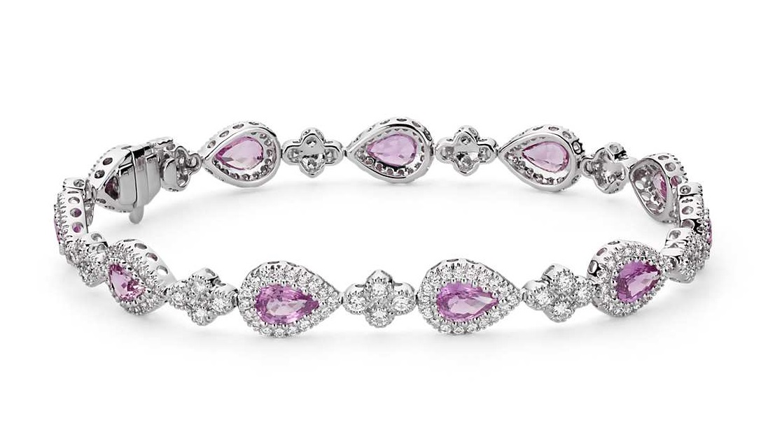 Pink Sapphire and Pavé Diamond Halo Bracelet in 18k White Gold (6x4mm)