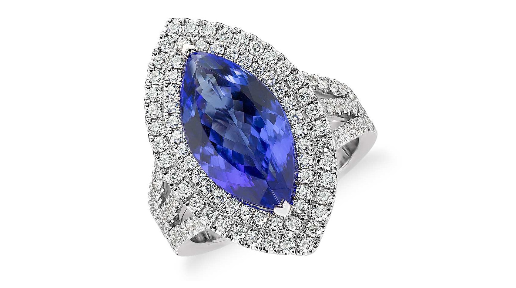 Tanzanite and Diamond Marquise Halo Cocktail Ring in 18k White Gold (5.31 ct. center)