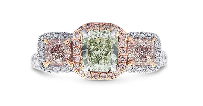 2.2Cts Green Pink Diamond Engagement Extraordinary Ring Set in 18K White Rose
