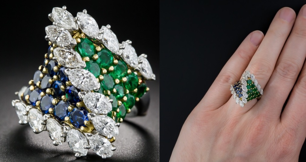 French Emerald, Sapphire and Diamond Cocktail Ring