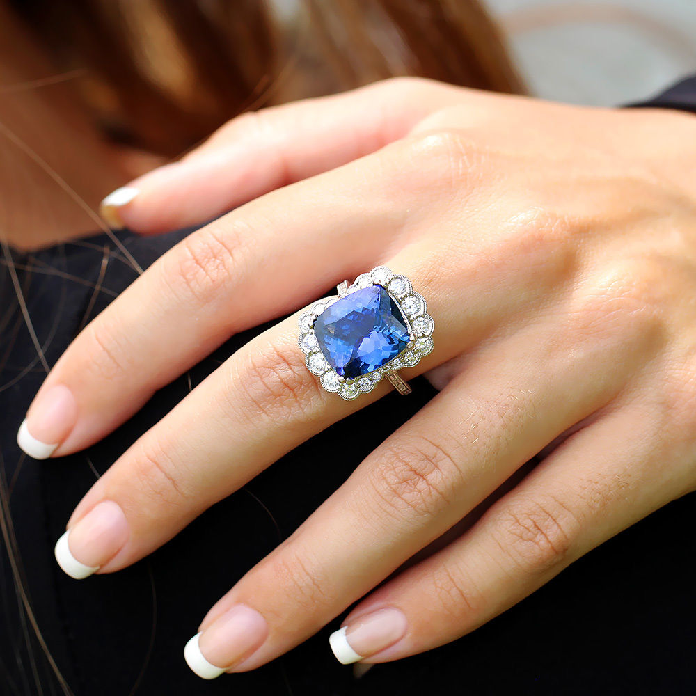 Estate Cushion Tanzanite Ring with Diamonds in 18kt White Gold 11.25ctw