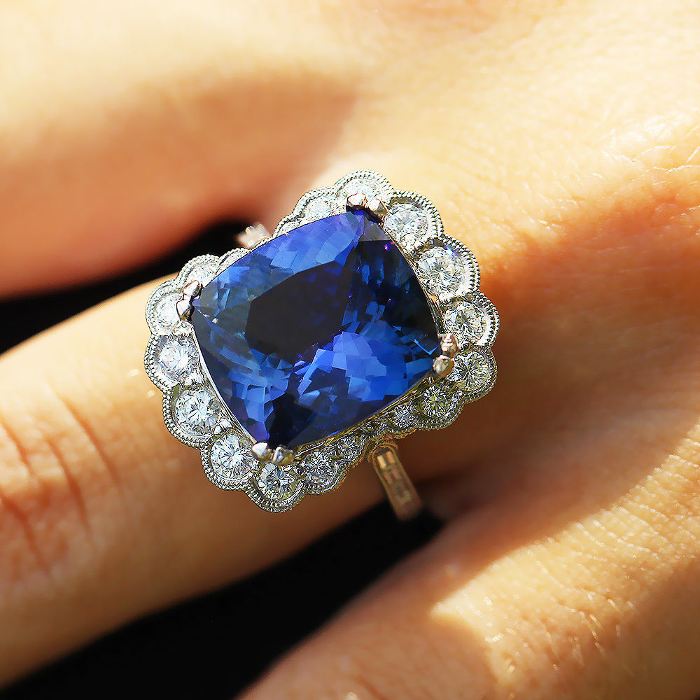 Estate Cushion Tanzanite Ring with Diamonds in 18kt White Gold 11.25ctw
