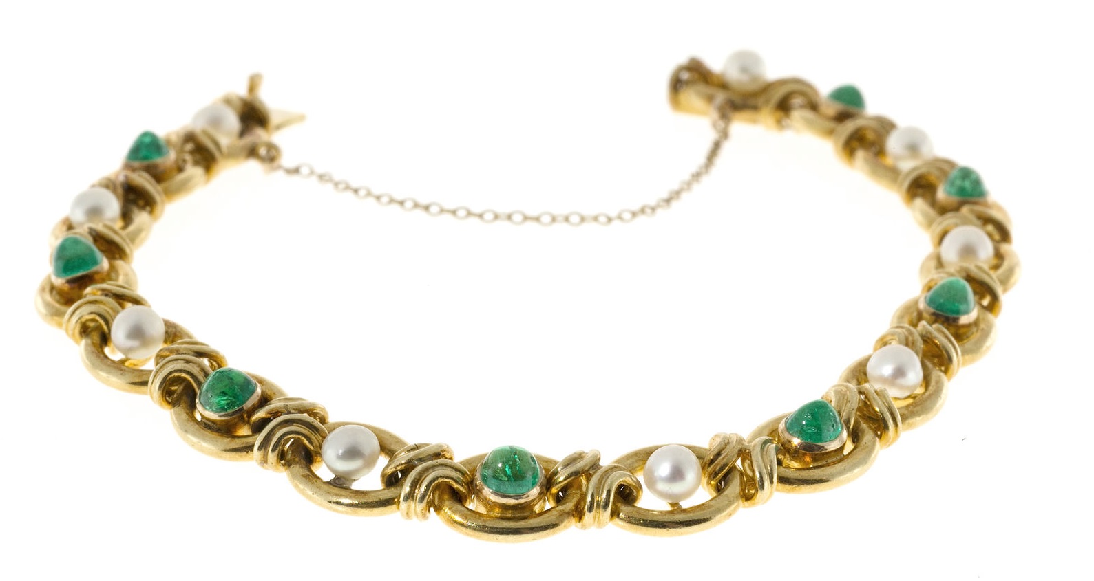 Vintage 1910 Victorian 14k Gold 9 Natural Pearl 8 Genuine Dome Emerald Bracelet