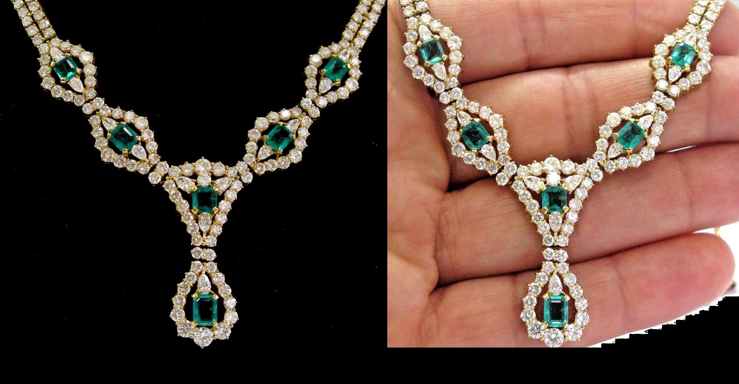 18Kt Gem Colombian Green Emerald & Diamond Yellow Gold Necklace 16" 11.20Ct