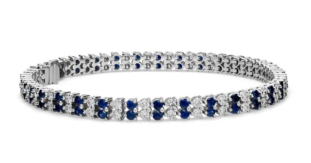 Sapphire and Diamond Double Row Bracelet in 14k White Gold (2x2.4mm)