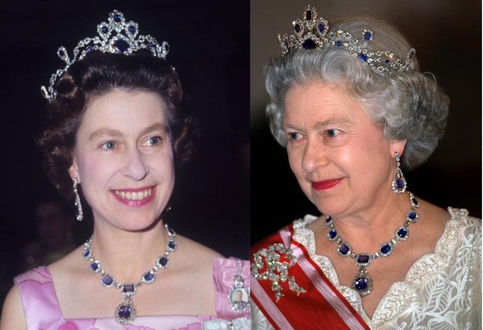 When Queen Elizabeth II was married in 1947, her father, King George VI, gifted her with the George VI Victorian Suite, a jewelry set consisting of a magnificent necklace and earrings composed of blue sapphires surrounded by diamonds. In 1963, the Queen commissioned a tiara and bracelet to match, which equaled in grandeur the decadent design of the set and the quality of the gemstones. The tiara is reportedly made from a necklace that originally belonged to Princess Louise of Belgium. Perhaps Elizabeth will bequeath her beautiful parure to the new princess, since she would be the next potential queen.