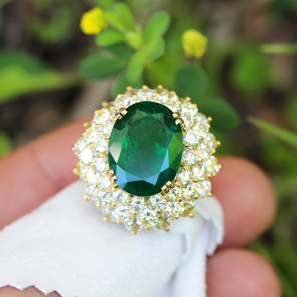 Vintage Certified Oval Emerald Waterfall Ring with Diamonds 18K Gold 14.70ctw