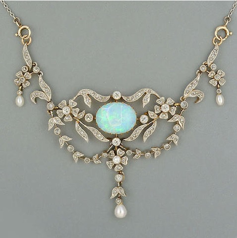A late Victorian opal and diamond necklace circa 1900