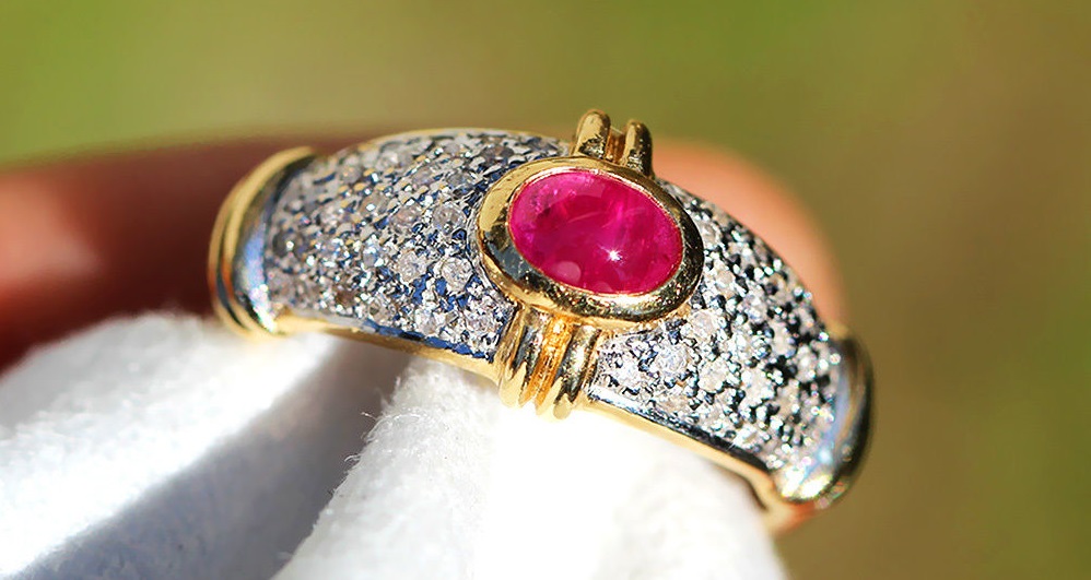 Vintage Cabochon Ruby Ring with Diamonds in 14kt Two Tone Gold .75ctw