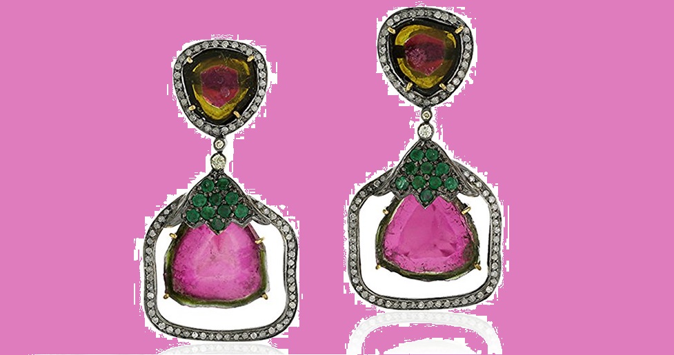 Tourmaline Emerald and Diamond Dangle Earrings in 18K Yellow Gold & Sterling Silver