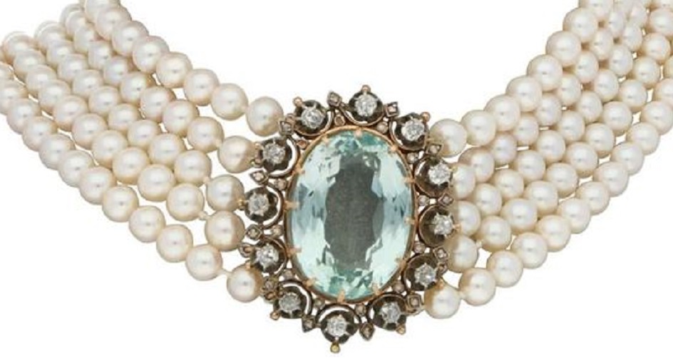 Victorian 1860s Aquamarine, Diamond and Pearl Necklace
