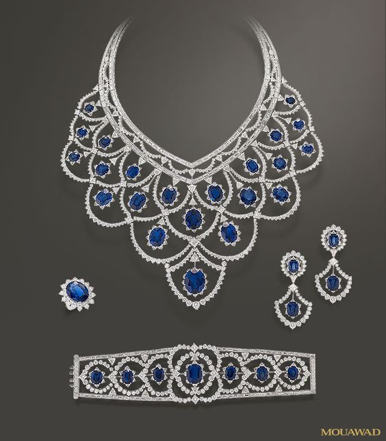 Mouawad Jewelry – Haute Joaillerie 18k White Gold Diamond & Blue Sapphire Set with Bib Necklace, Bracelet, Earrings and Ring