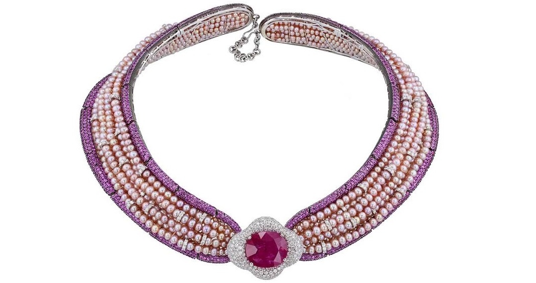 Jahan Important 30 Carat Burma Ruby Pink Sapphire Pearl Diamond Collar Necklace