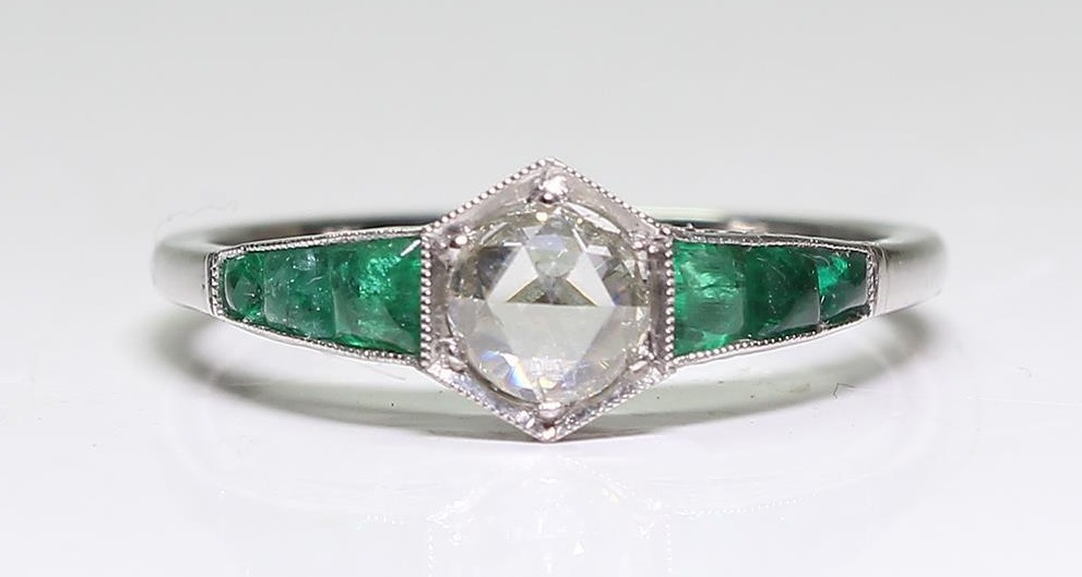 Antique Art Deco Platinum Diamond & Emerald Ring
