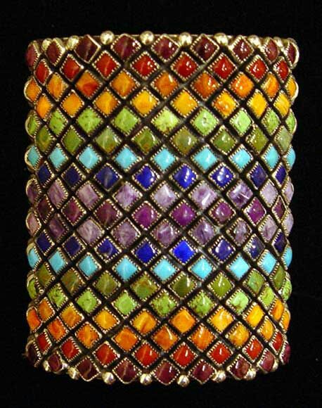 Rainbow diamond pattern cuff, multi-stone in Sterling Silver. $1950.00