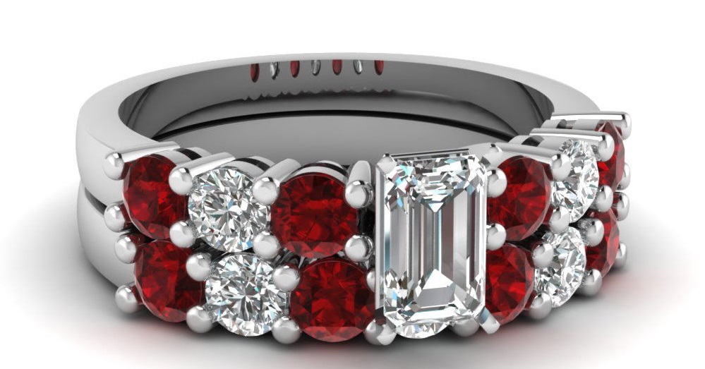 1.50 Carat Round Ruby Womens Gold Wedding Ring Sets With Emerald Cut Diamond GIA