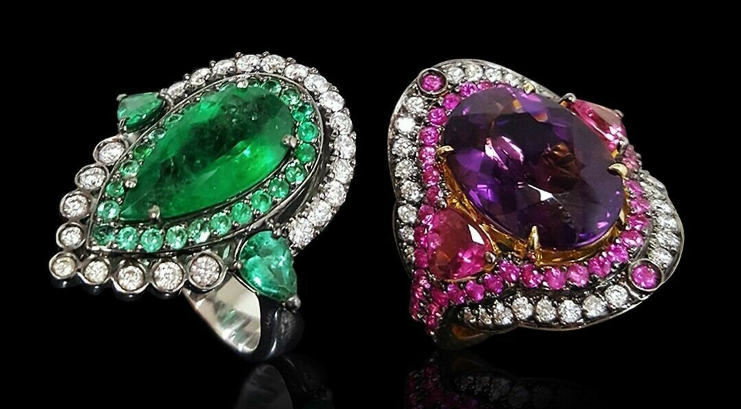 Emerald, Amethyst and Diamond Rings