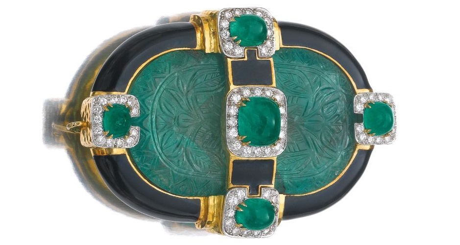 Emerald enamel and diamond brooch/pendant by David Webb. 
