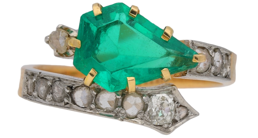 Art Nouveau emerald and diamond ring, circa 1900.