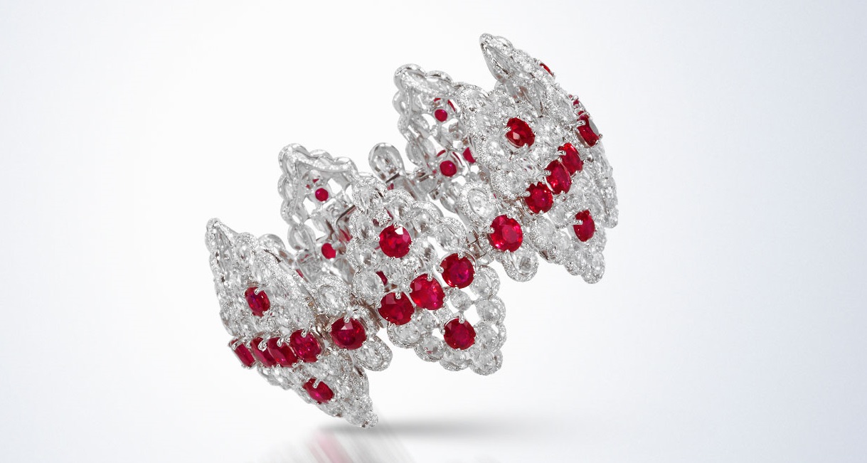 Burmese Unheated Ruby and Diamond Bracelet Set with Burmese Unheated Ruby 20.53 cts, Diamonds Briolette 28.53 cts & Brilliant Diamonds 6.35 cts mounted in 18K White Gold