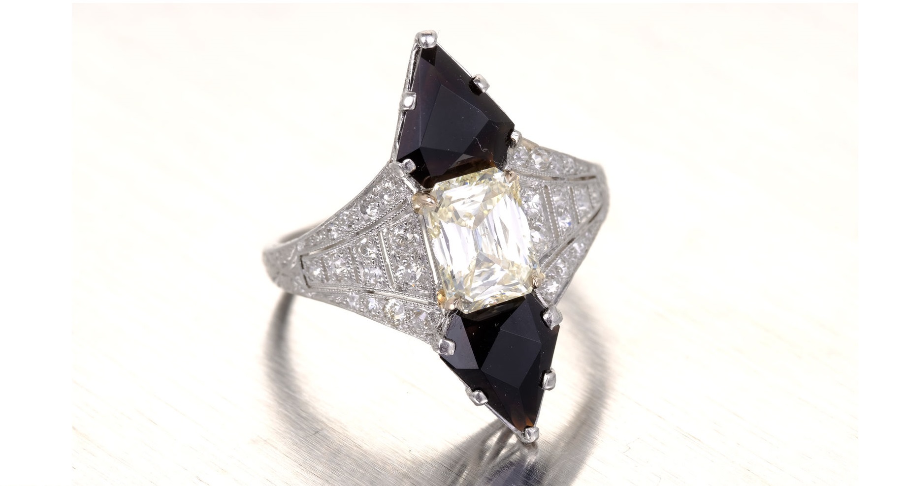 Antique Art Deco 1930 Black Star & Frost Emerald Cut Diamond Onyx Ring Platinum