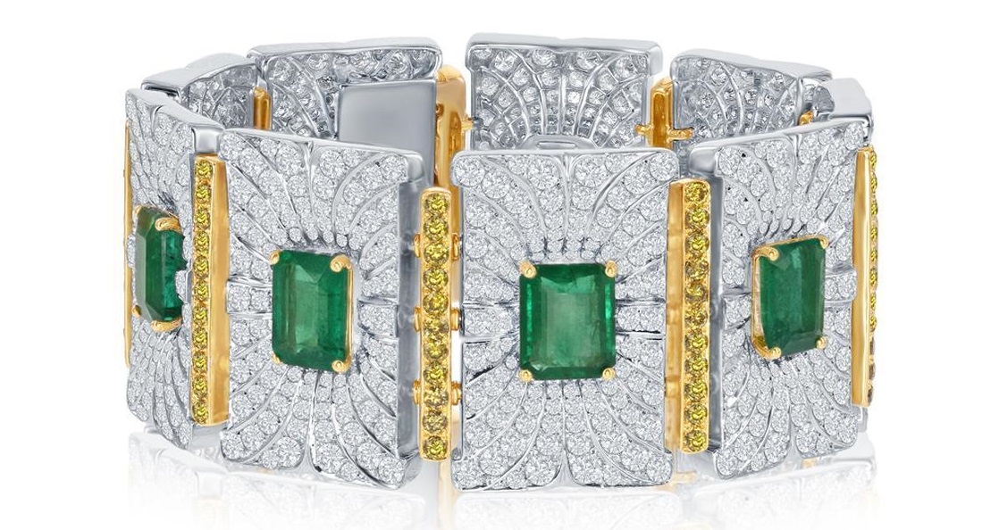 42.74 CT Emerald and Yellow and white Diamond Bracelet in 18K White Gold