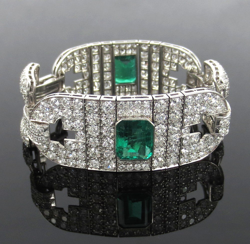 Certified Art Deco 16.0ct Old Cut Diamond & 10.0ct Emerald Platinum Bracelet