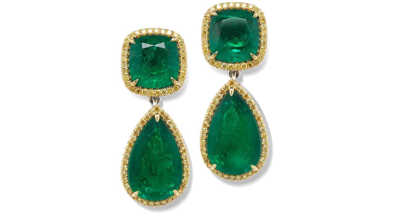 36.38ct Natural Emerald Fancy Yellow and White Diamond 18k gold earrings GIA