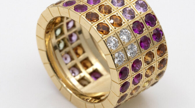Cartier Paillettes Multicolor Sapphire Diamond Wide Band Ring in 18k Yellow Gold