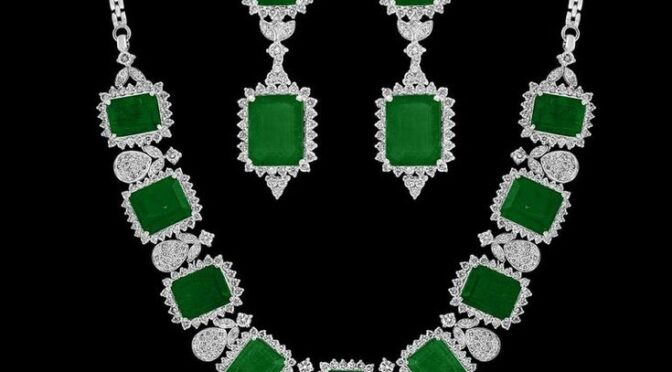 GIA Certified 135 Ct Emerald Cut Emerald and 28.50 Ct Diamond Necklace and Earring Bridal Suite