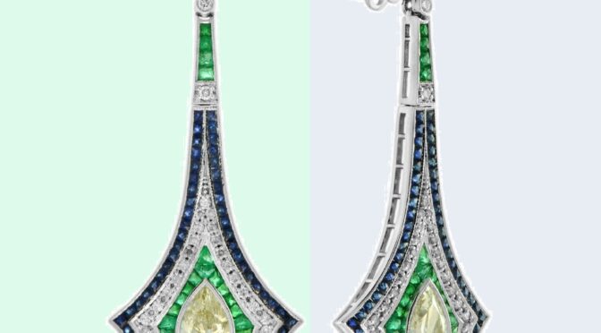<strong>GIA Pear Shape Diamond Emerald Sapphire Art Deco Style Earrings in 18K Gold</strong>