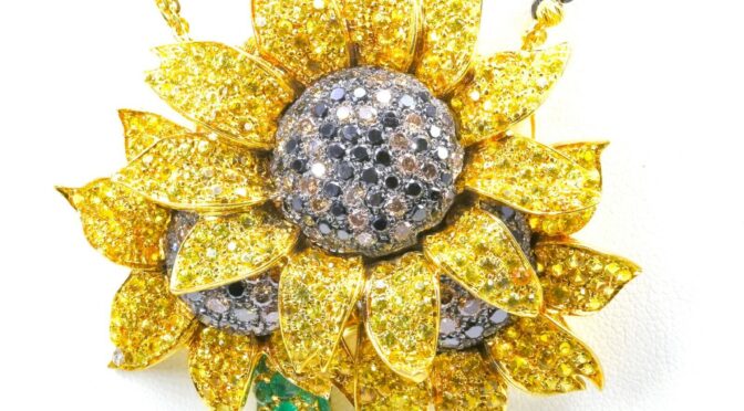 Alex Soldier Design Pendant Sunflower 18k Gold, Black Diamonds, Sapphire, and Emerald